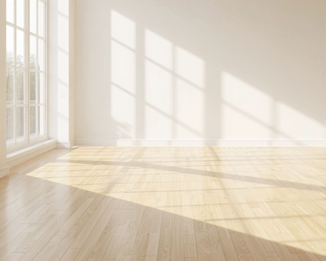 Completely empty, freshly cleaned rent-ready apartment room in sunlight