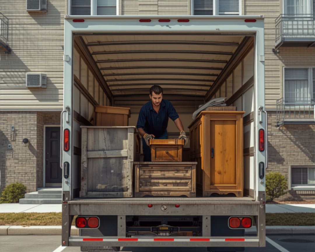 Worker loading old furniture onto a box truck outside an apartment building