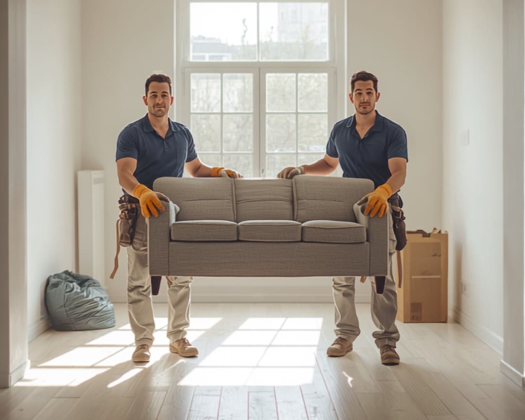 Two junk-removal workers carrying an old couch out of a vacant apartment