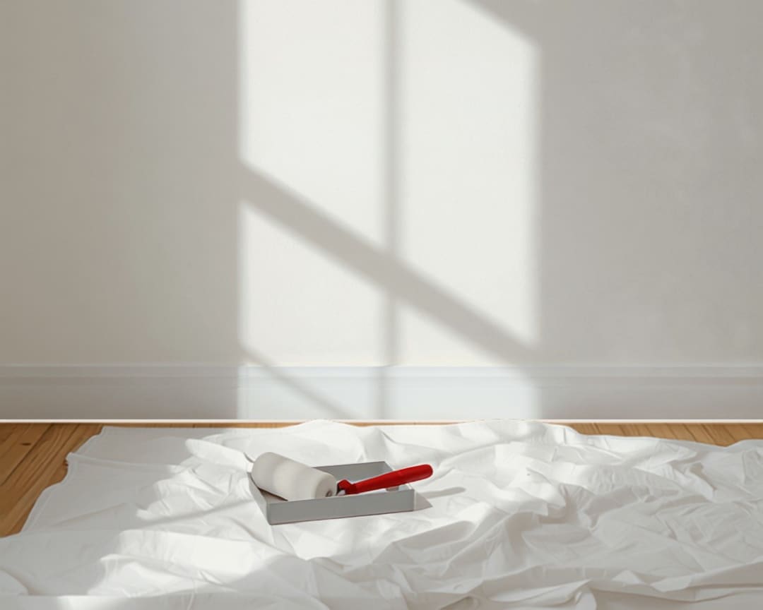 Paint roller and tray on a drop cloth in a sunlit unit being touched up